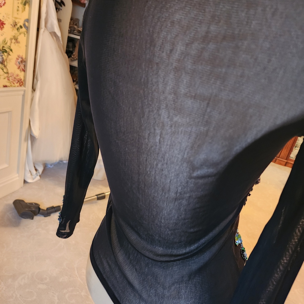 Sheer Black Long Sleeve Top Adorned With Green Sequin Design - Picture 4 of 4